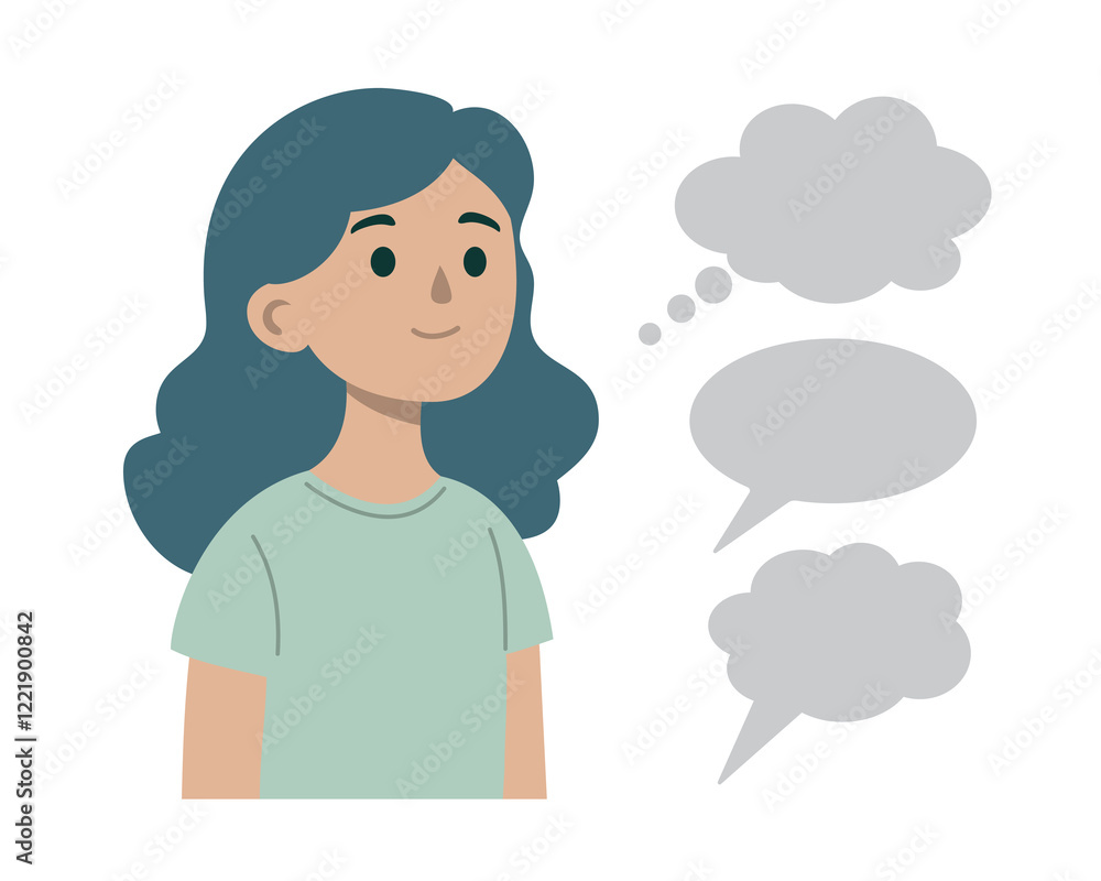 Woman thinking with thought and speech bubbles, concept of ideas, imagination, communication, isolated on white background, flat design illustration Woman thinking with thought and speech bubbles, concept of ideas, imagination, communication, isolated on white background, flat design illustration