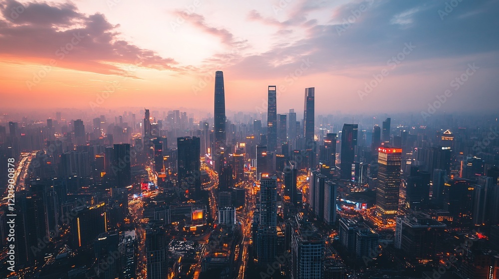 Fototapeta premium Stunning Aerial View of Shanghai Skyline at Sunset