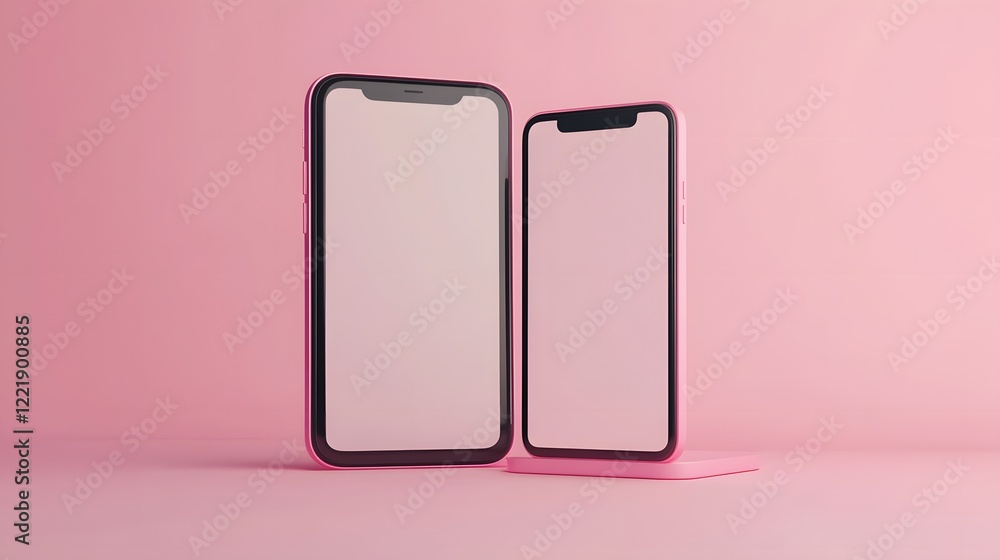 Two Pink Smartphones Displayed on Pink Background Two Pink Smartphones Displayed on Pink Background
