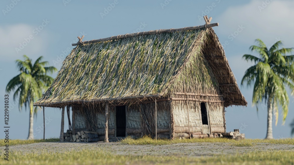 Tropical thatched hut, island, palm trees, sunny day, 3D render, tourism Tropical thatched hut, island, palm trees, sunny day, 3D render, tourism