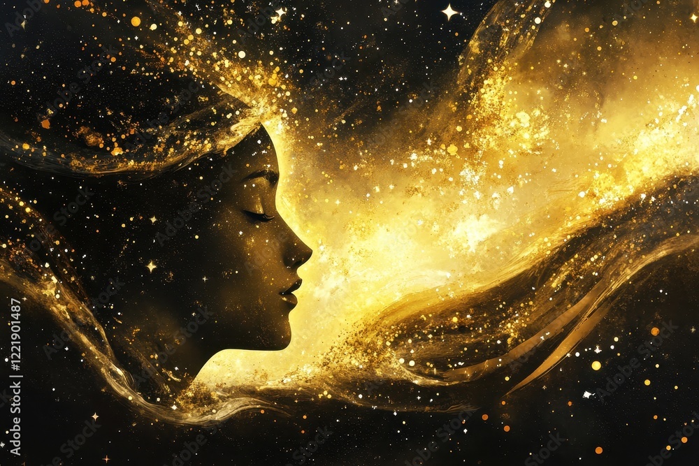 Fototapeta premium Golden Celestial Woman Profile Embraces Cosmic Dust