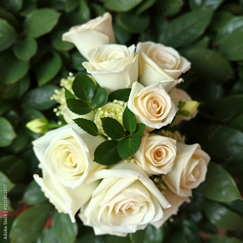 Beautiful wedding bouquet bridal bouquet of white roses on a background of eaves Beautiful wedding bouquet bridal bouquet of white roses on a background of eaves