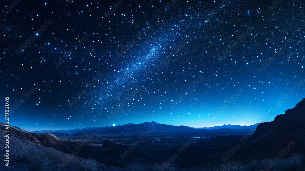 Fototapeta premium cosmic horizon panorama, brilliant star scatter, magical night sky, ethereal space glow, celestial light display, astronomical vista, seamless dark blue gradient, stellar atmosphere