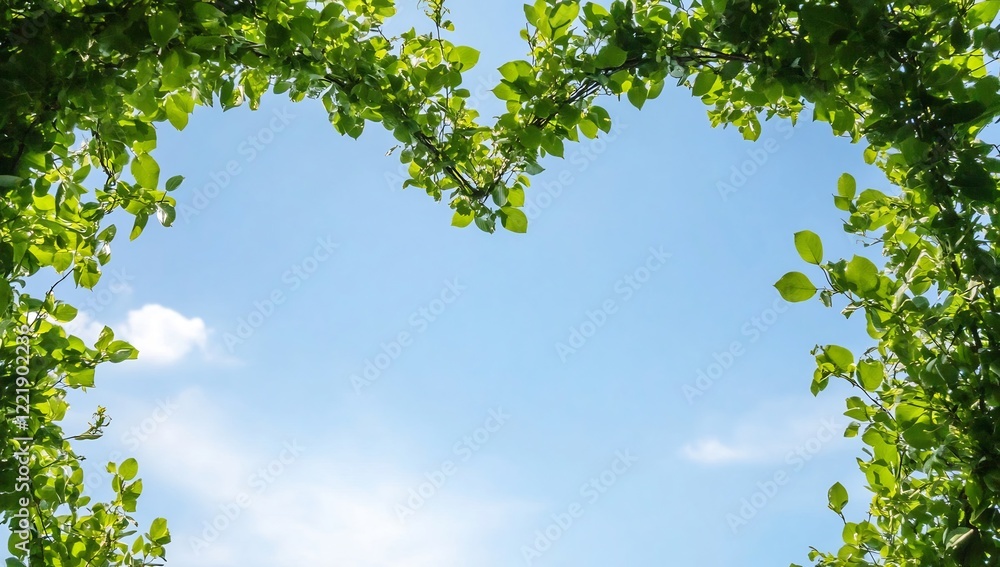 Heart-shaped leaves frame blue sky; nature background Heart-shaped leaves frame blue sky; nature background