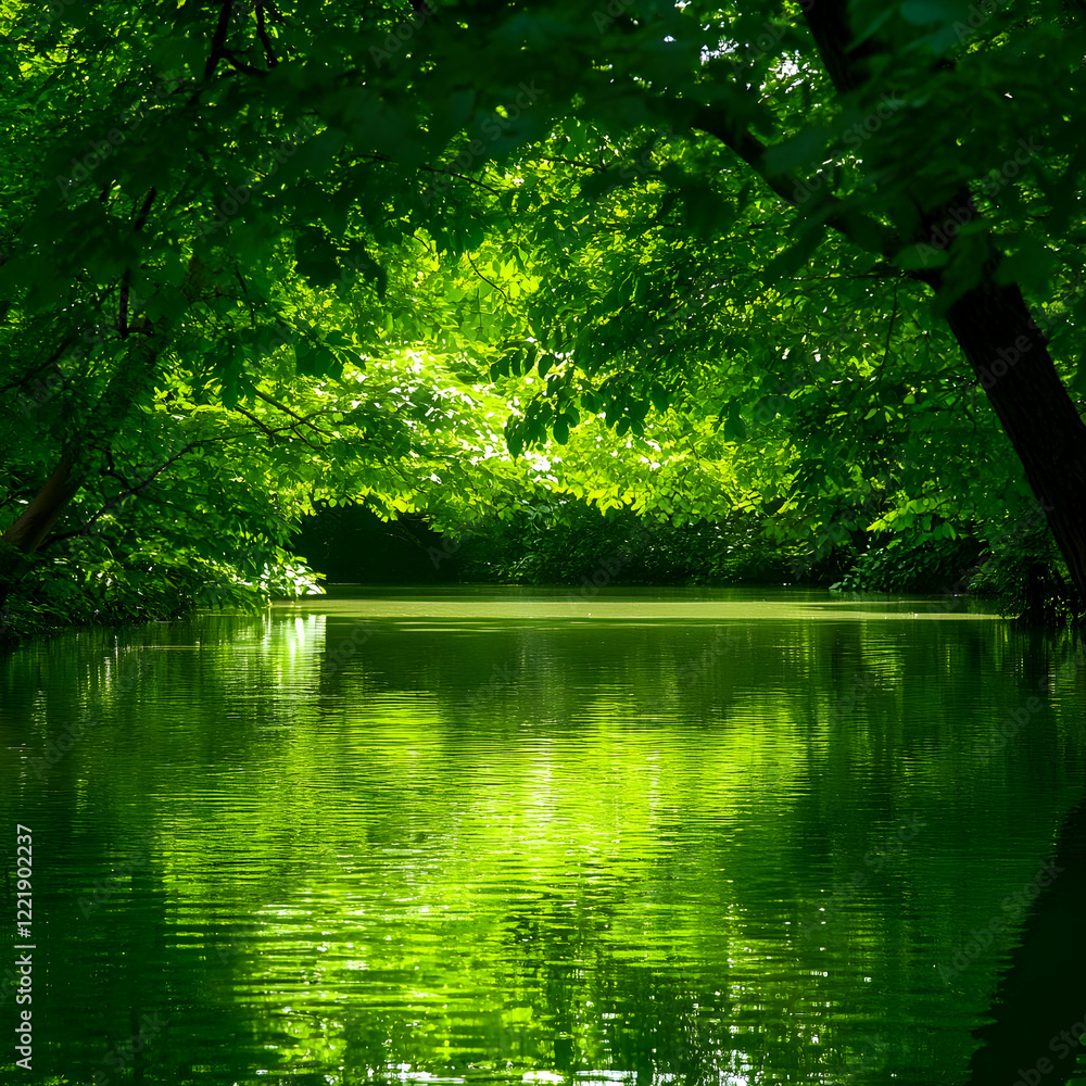 Lush Green Canopy Over Water Reflection