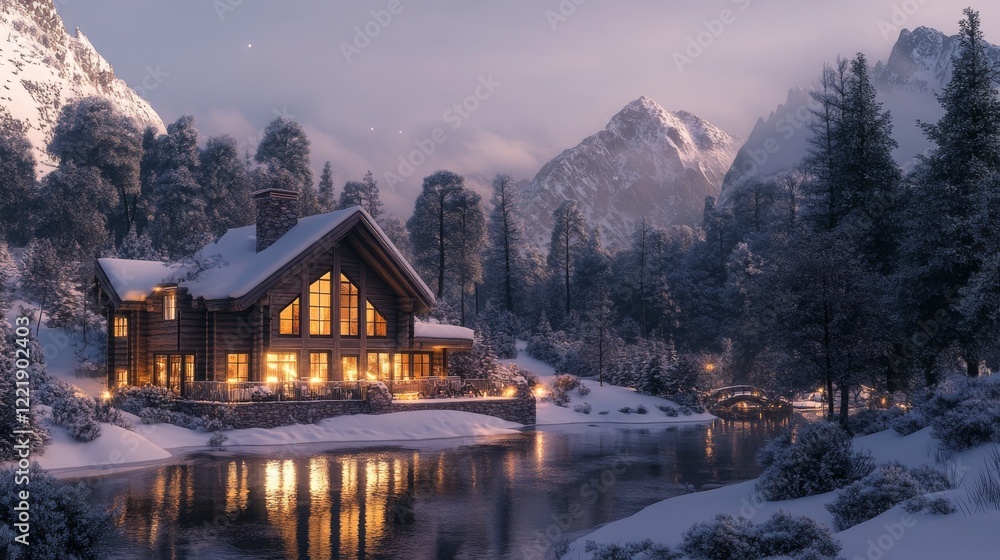 Obraz premium Cozy mountain retreat, glowing windows in twilight, evergreen forest silhouettes, majestic snowy peaks, tranquil lake mirror reflection, natural winter wonderland, soft evening light, rustic wooden