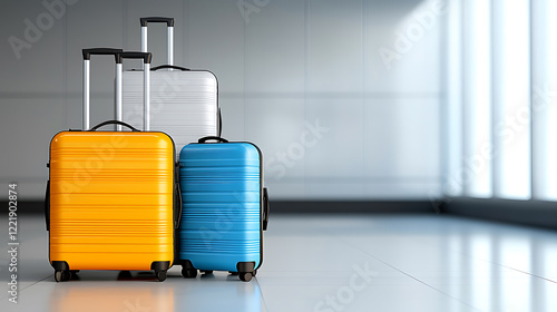 Travel essentials colorful luggage collection airport product photography modern environment close-up packing tips photo