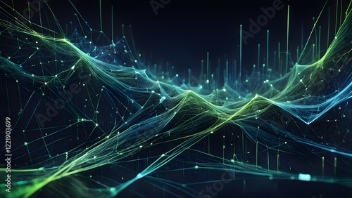 Abstract green and blue digital landscape of interconnected nodes and lines, ideal for technology, data, and network concepts.