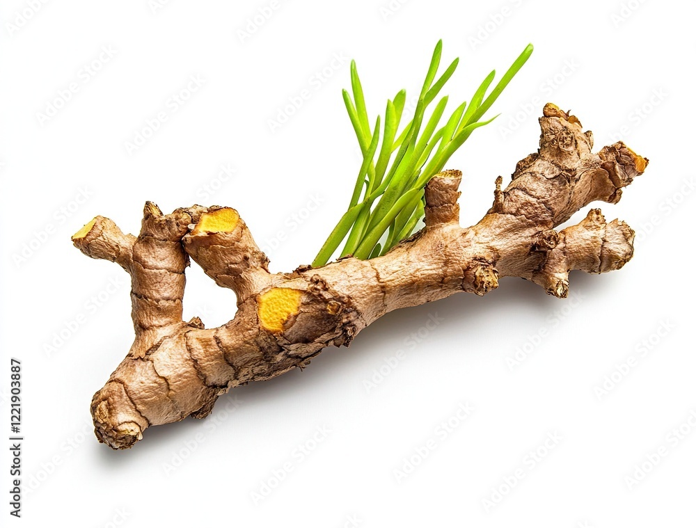 Fototapeta premium Turmeric and ginger root or rhizome of the plant, isolated on a white background, cutout, PNG file with generative ai