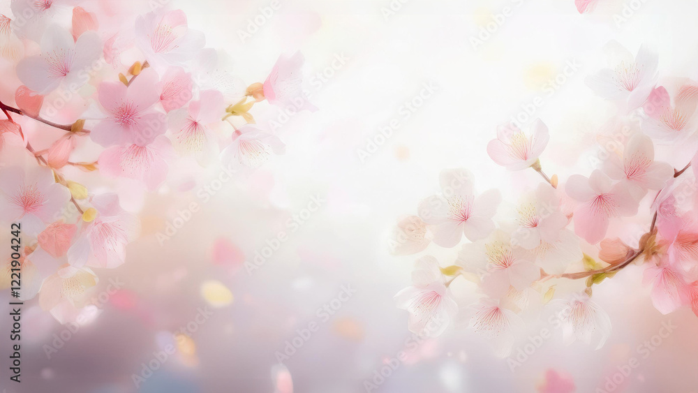 光が差し込む満開の桜の花のふんわりした背景イメージ