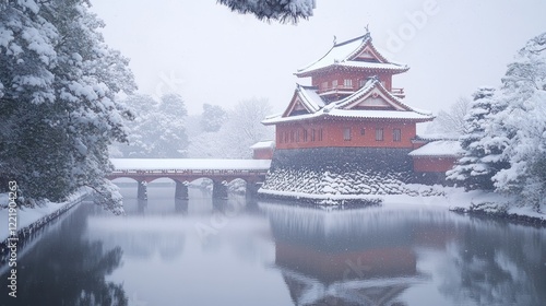 Wallpaper Mural Snow-covered Japanese castle and bridge reflected in calm water. Torontodigital.ca
