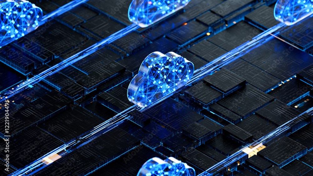 Cloud shape on circuit board symbolizes cloud computing technology and network security concept. 3D rendering, conceptual image.