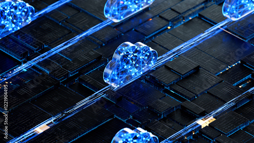 Obraz na płótnie Cloud shape on circuit board symbolizes cloud computing technology and network security concept. 3D rendering, conceptual image. w salonie