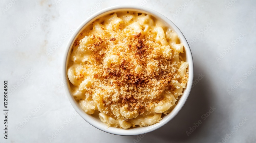 A bowl of creamy baked macaroni and cheese with a crispy breadcrumb topping, Centered in a minimalist white dish, Overhead view with soft ambient light A bowl of creamy baked macaroni and cheese with a crispy breadcrumb topping, Centered in a minimalist white dish, Overhead view with soft ambient light