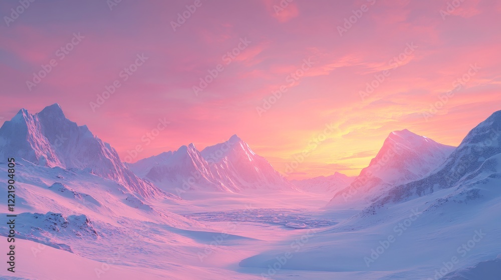 Glacial panorama scene, ice cracked patterns, snow blanketed mountains, pink yellow horizon glow, arctic twilight colors, vast polar expanse, crisp winter atmosphere, dramatic landscape photography Glacial panorama scene, ice cracked patterns, snow blanketed mountains, pink yellow horizon glow, arctic twilight colors, vast polar expanse, crisp winter atmosphere, dramatic landscape photography