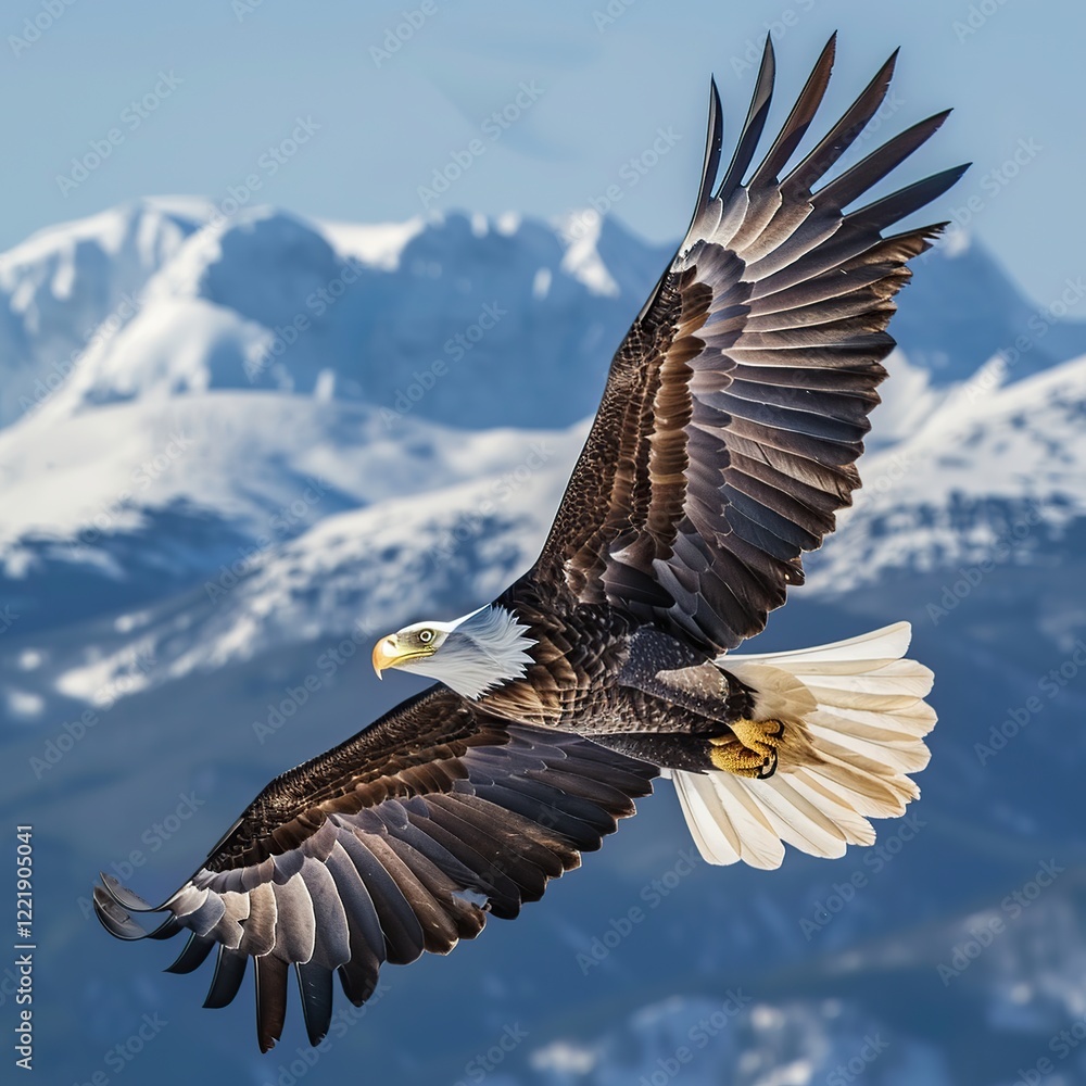 Obraz premium Majestic bald eagle in flight over snow-capped mountains.