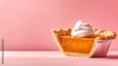 Delicious pumpkin pie with whipped cream on pink background, showcasing minimalist design that highlights dessert rich color and texture
