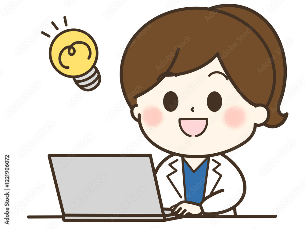 パソコンを使って閃いている白衣を着た女性のイラスト