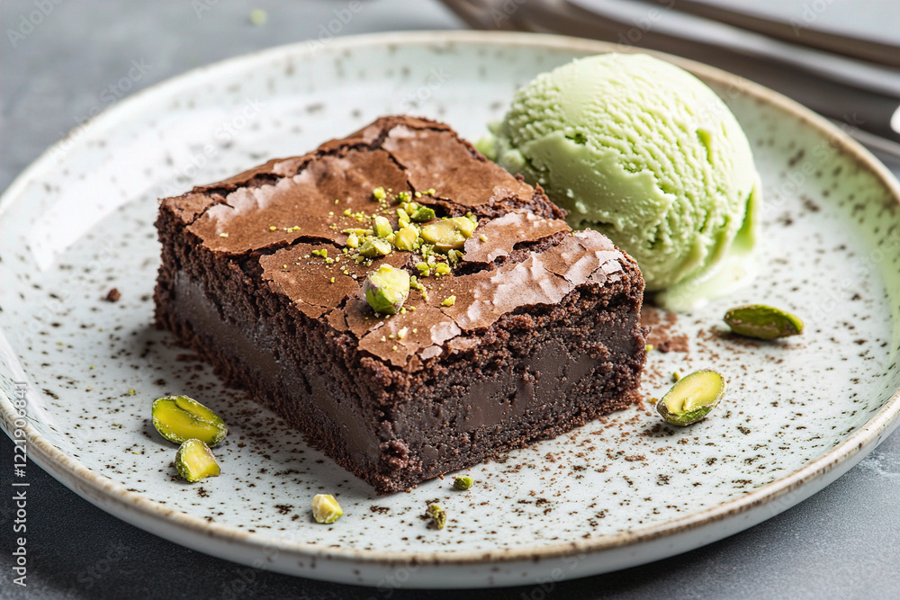 A plate featuring a brownie with a scoop of pistachio ice cream. (Generative AI) A plate featuring a brownie with a scoop of pistachio ice cream. (Generative AI)