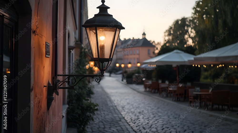 Antique Street Lamp Casting a Soft Warm Glow on a Charming Cobblestone Pathway During Dusk Antique Street Lamp Casting a Soft Warm Glow on a Charming Cobblestone Pathway During Dusk