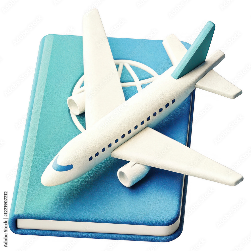 Fototapeta premium A model airplane rests atop a blue passport, symbolizing travel and adventure.