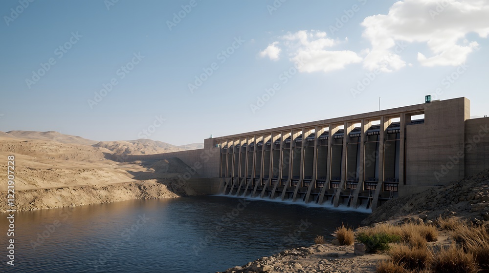 Expansive dam structure with visible control system against a clear sky and arid landscape in sunlight Expansive dam structure with visible control system against a clear sky and arid landscape in sunlight