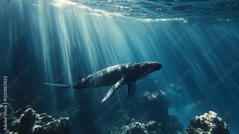 Fototapeta premium Majestic humpback whale swimming in sunlit ocean depths.
