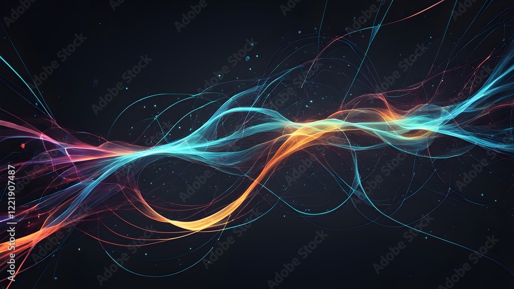 Obraz premium Abstract background with glowing teal, orange, and red wave lines and particles on a dark background.