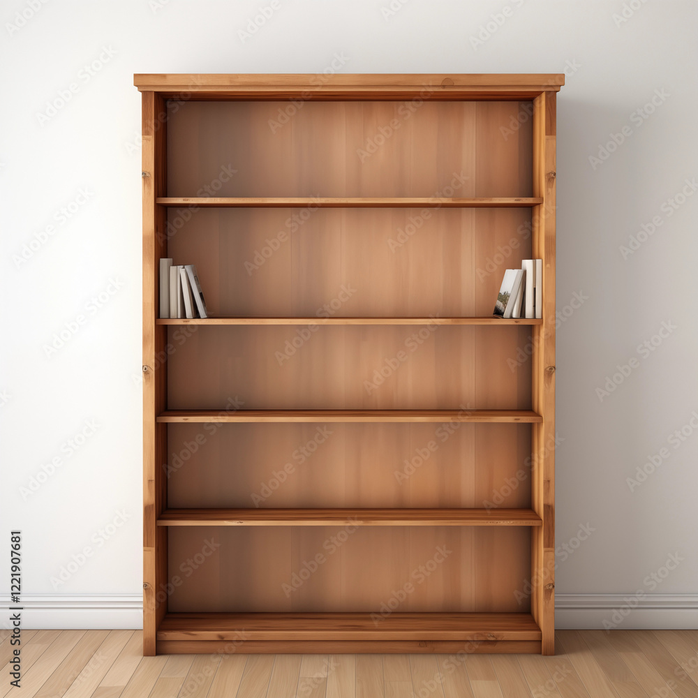 Empty Wooden Bookshelf Against White Wall Empty Wooden Bookshelf Against White Wall