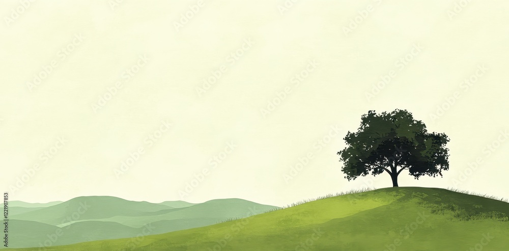 Solitary Tree on a Verdant Hillside Amidst Rolling Hills Solitary Tree on a Verdant Hillside Amidst Rolling Hills