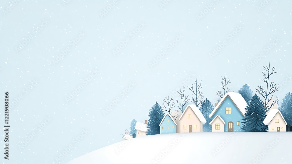 Fototapeta premium Winter Scene with Snowy Houses and Pine Trees