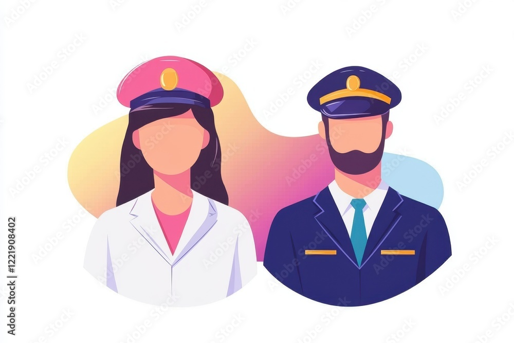 A colorful illustration of a female pilot in a pink cap and a male pilot in a navy uniform, representing aviation professionals. A colorful illustration of a female pilot in a pink cap and a male pilot in a navy uniform, representing aviation professionals.