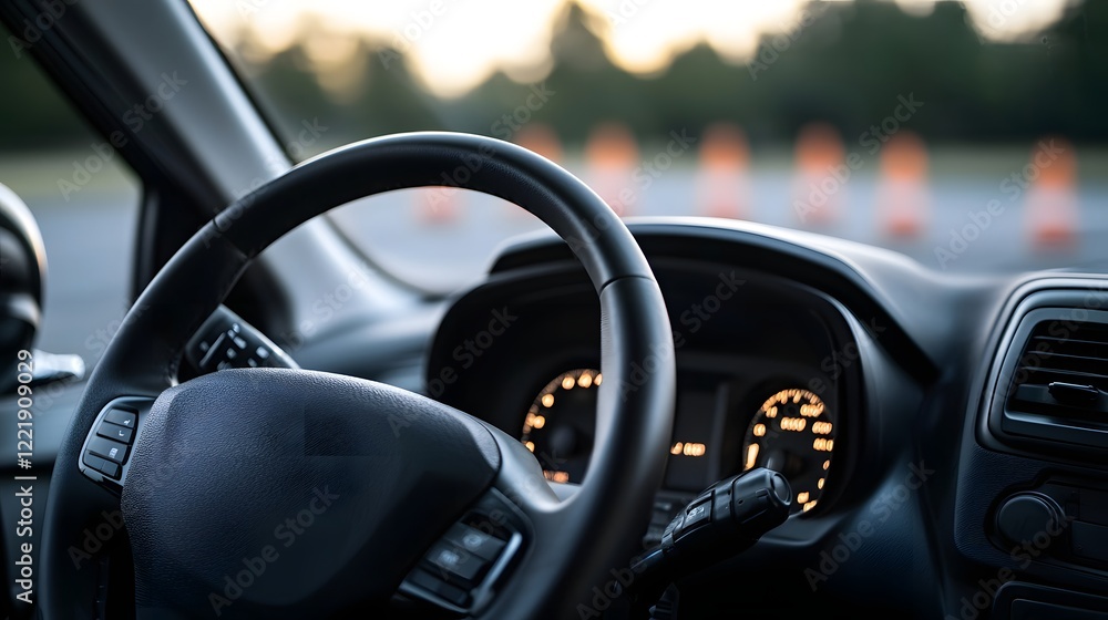 Close-Up View of Speedometer and Steering Wheel in Modern Car During Driving Test or Training Session Close-Up View of Speedometer and Steering Wheel in Modern Car During Driving Test or Training Session