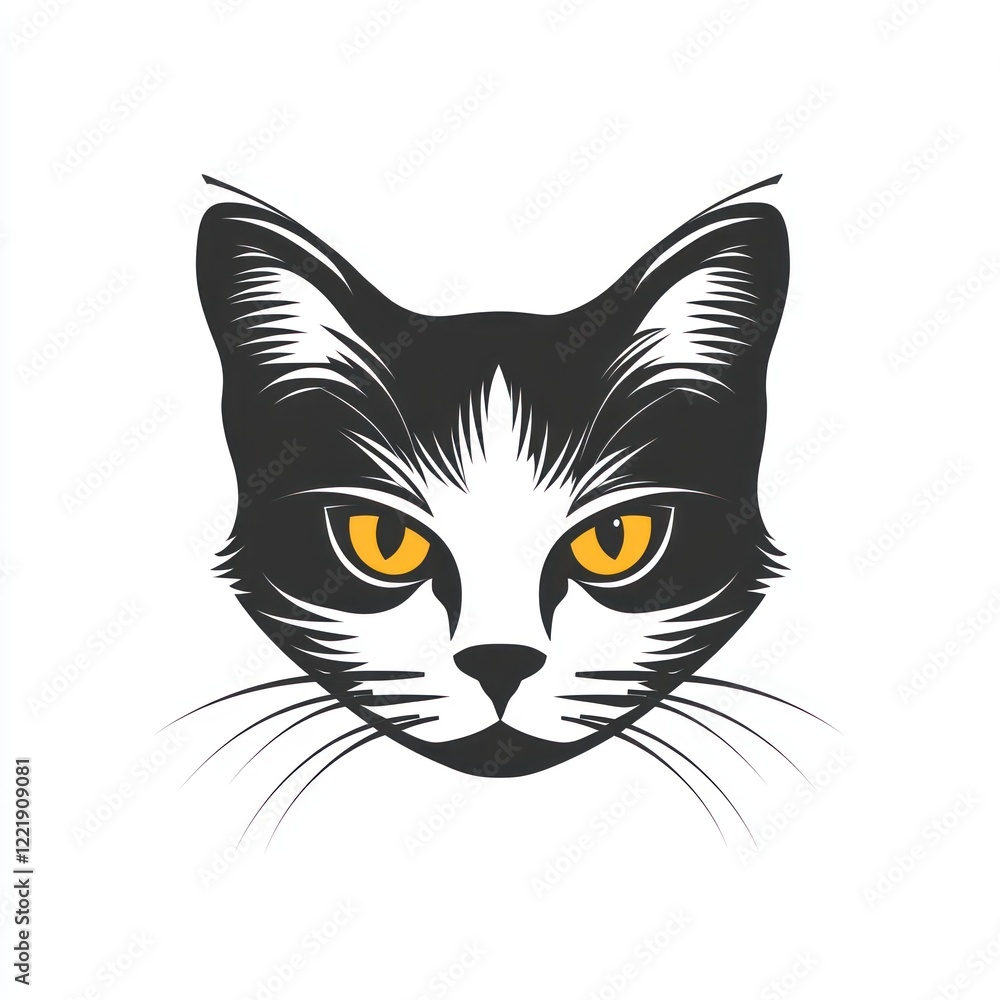 A stylized black and white cat head with orange eyes A stylized black and white cat head with orange eyes
