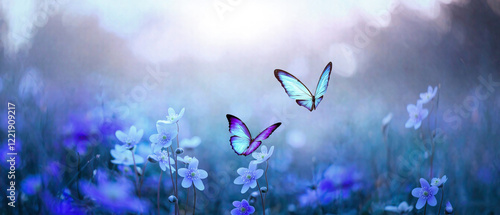 Delicate light blue wildflowers in a field with two butterflies fluttering nearby. A dreamy macro shot, featuring a serene blend of blue and purple tones.. Made with generative AI