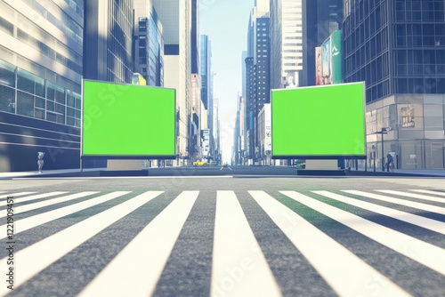 A city street scene featuring two large blank billboards in an urban environment.