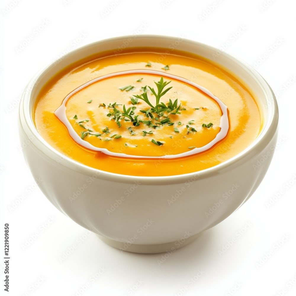 A bowl of creamy butternut squash bisque with a drizzle of maple syrup, isolated white background, modern art style A bowl of creamy butternut squash bisque with a drizzle of maple syrup, isolated white background, modern art style