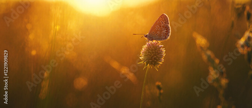 Golden butterfly illuminated by sunset rays, perched on wild grass in a summer meadow. Macro shot capturing the delicate beauty of nature in soft, romantic light. Made with generative AI