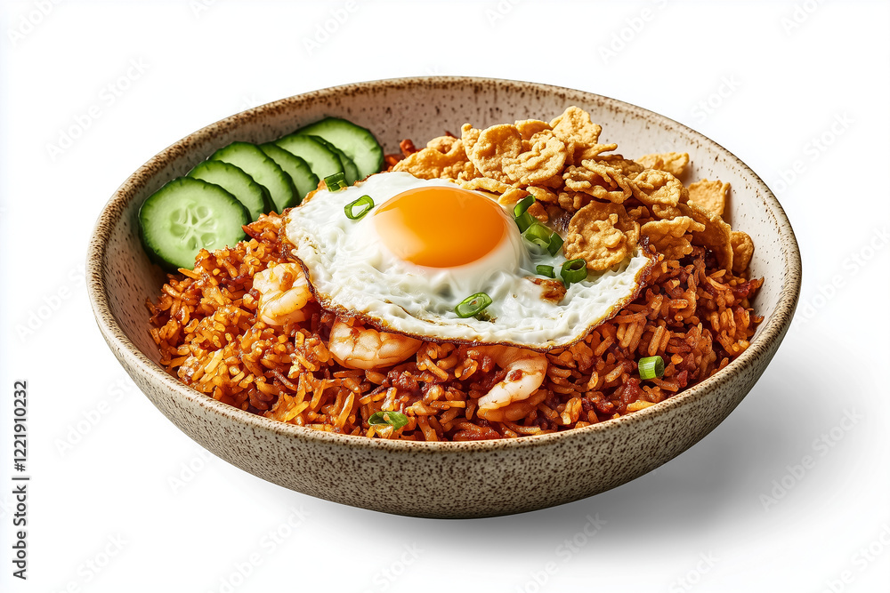 Nasi goreng Indonesia's signature fried rice, plated in a rustic ceramic dish, garnished with a sunny-side-up egg, crispy fried shallots, prawn crackers, and fresh cucumber slices, white background Nasi goreng Indonesia's signature fried rice, plated in a rustic ceramic dish, garnished with a sunny-side-up egg, crispy fried shallots, prawn crackers, and fresh cucumber slices, white background