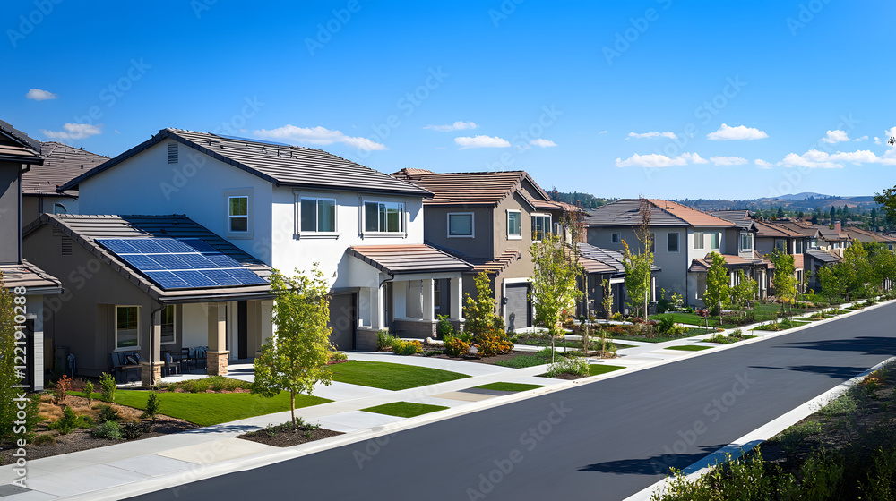 A community of energy-efficient homes featuring solar panels and green roofs, designed to be environmentally responsible and support sustainable living practices. A community of energy-efficient homes featuring solar panels and green roofs, designed to be environmentally responsible and support sustainable living practices.