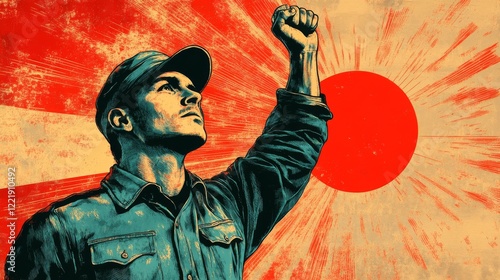 Man with raised fist against sun rising graphic propaganda style poster background depicting strong individual expressing his conviction