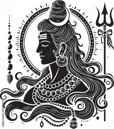 Lord Shiva illustration ,  hand drawn black and white Hindu God vector , illustration