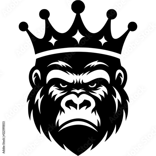 Tattoo of angry alpha male gorilla with crown on head in monochrome. Orangutan authority primate. Engraving minimalistic vector in black ink drawing on transparent background