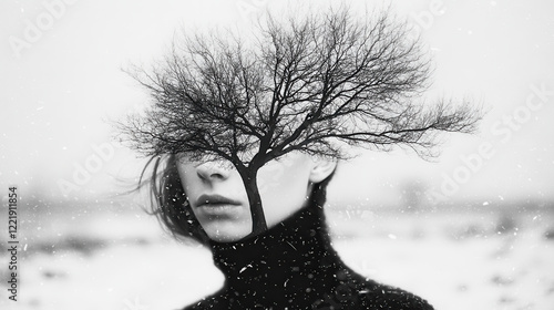 a creative double exposure portrait of a woman's expressionless face integrated with the silhouette of a bare tree in a winter landscape, high-contrast black and white photo