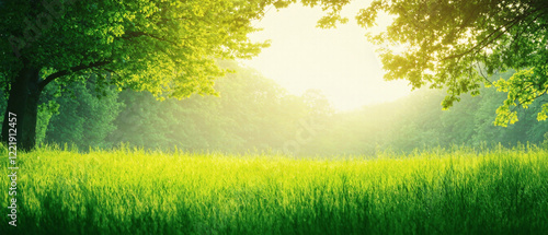 Spring Landscape with Blooming Grass and Trees. Made with generative AI