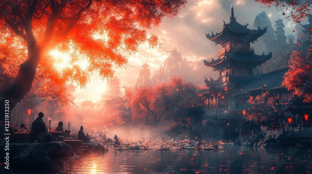 Serene Autumn Sunset at a Chinese Pagoda by a Lake Serene Autumn Sunset at a Chinese Pagoda by a Lake