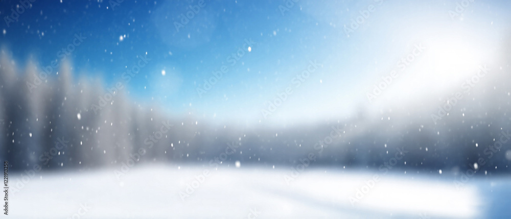 Winter Snowfall with Blurred Forest and Blue Sky. Made with generative AI Winter Snowfall with Blurred Forest and Blue Sky. Made with generative AI