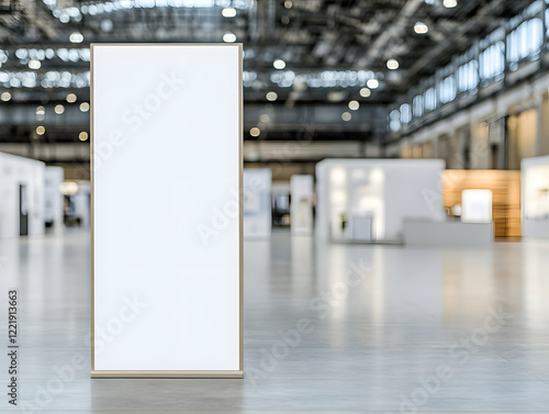 blank vertical banner stands in spacious exhibition hall, surrounded by soft lighting and modern displays, inviting creativity and innovation