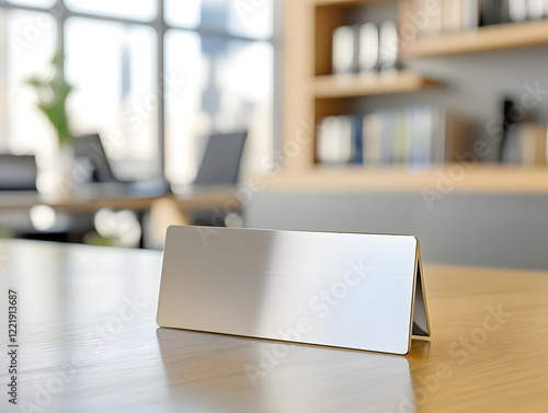 metallic nameplate sits on executive desk in modern office, reflecting light and creating professional atmosphere