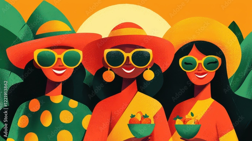 Fototapeta premium WORLD SLEEP DAY style. Colorful illustration of three women enjoying summer with fruit bowls and sunglasses.